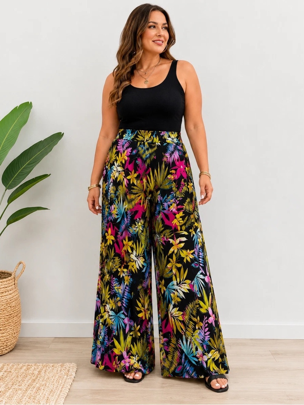 Anthony Original Wide Leg Tropical Print Pants in Black Multicolor,Petite Medium
